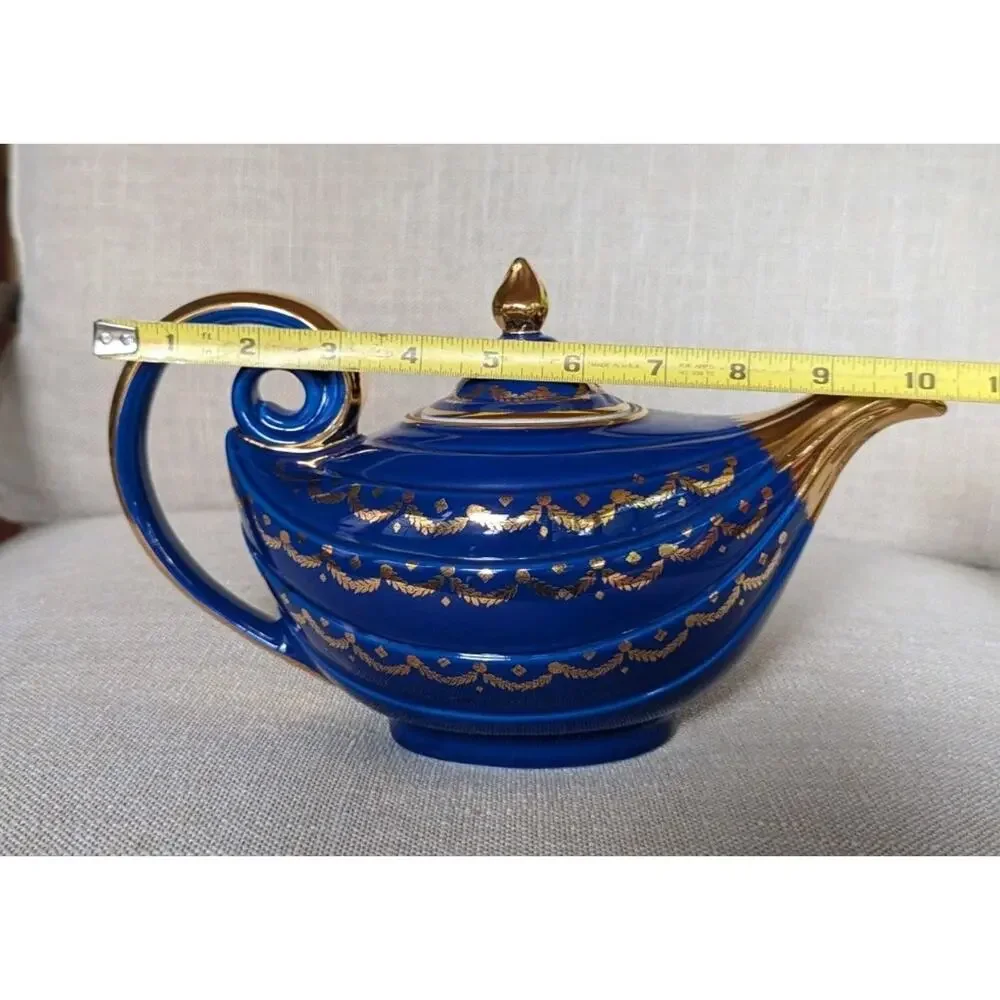 Hall China MCM Marine Blue Aladdin Teapot With Gold Trim and Lid 1950s